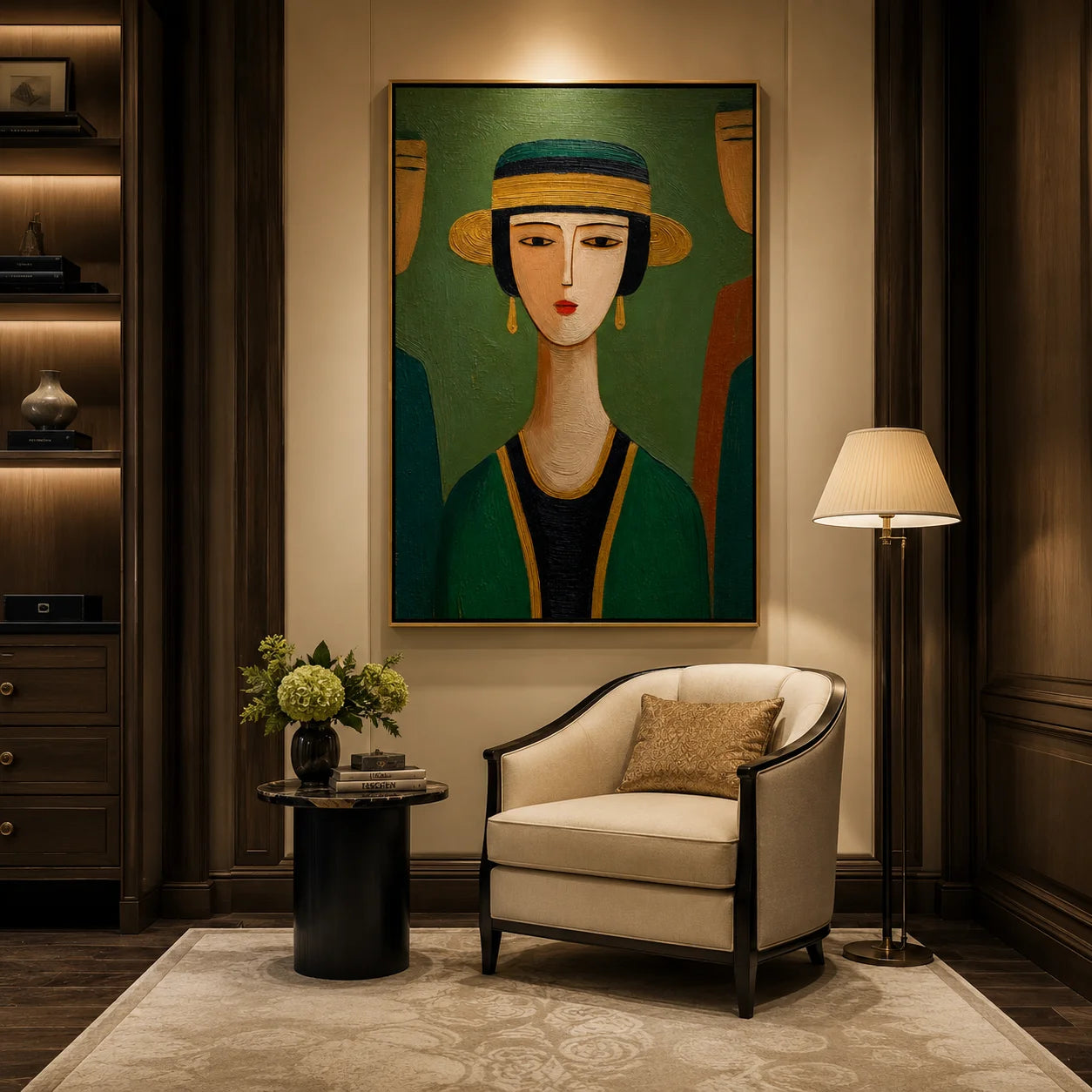 Hand-Painted Figurative Oil Painting, Textured Green Portrait Wall Art for Modern Home Decor OA#0910