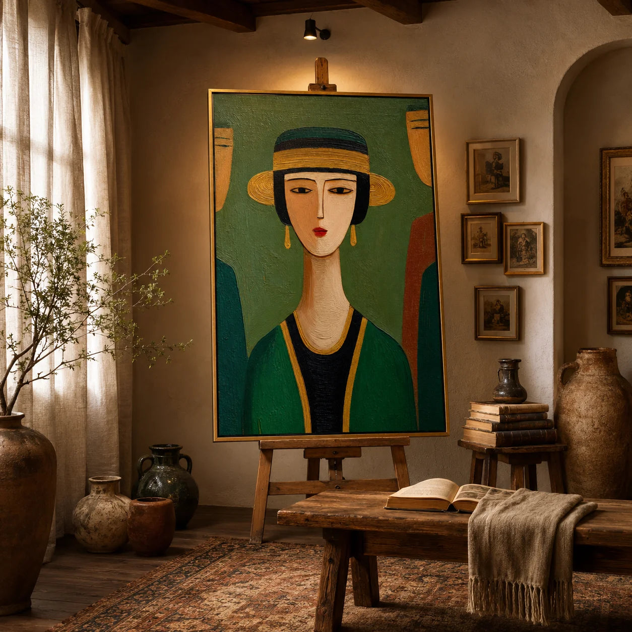 Hand-Painted Figurative Oil Painting, Textured Green Portrait Wall Art for Modern Home Decor OA#0910