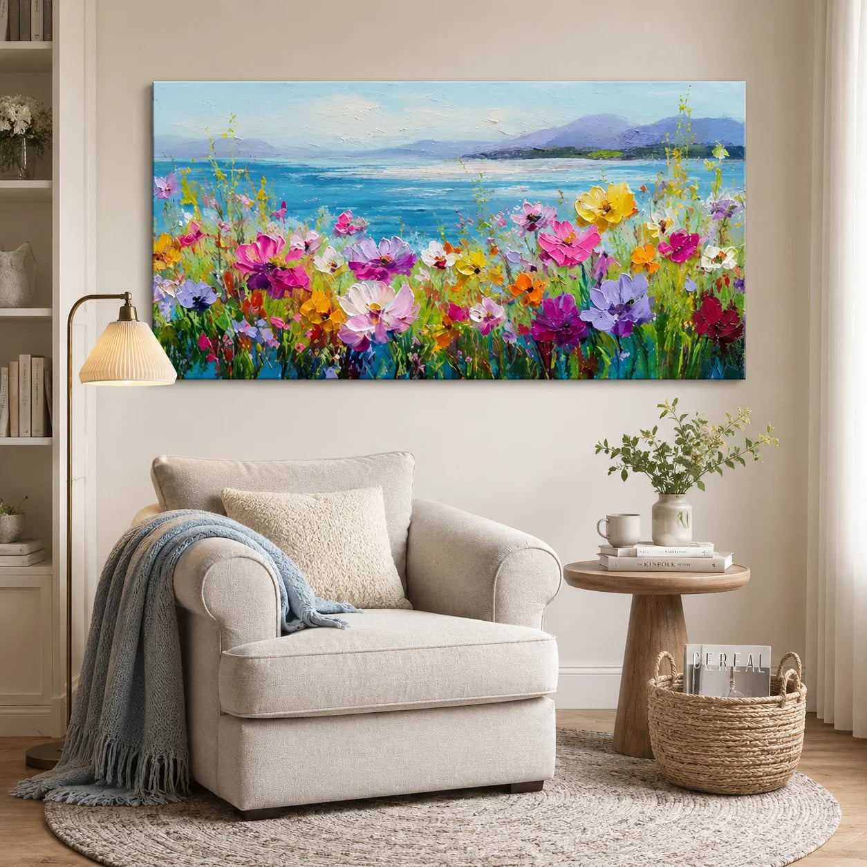Colorful Wildflower Coastal Landscape Wall Art – Textured Palette Knife Oil Painting for Bedroom Decor