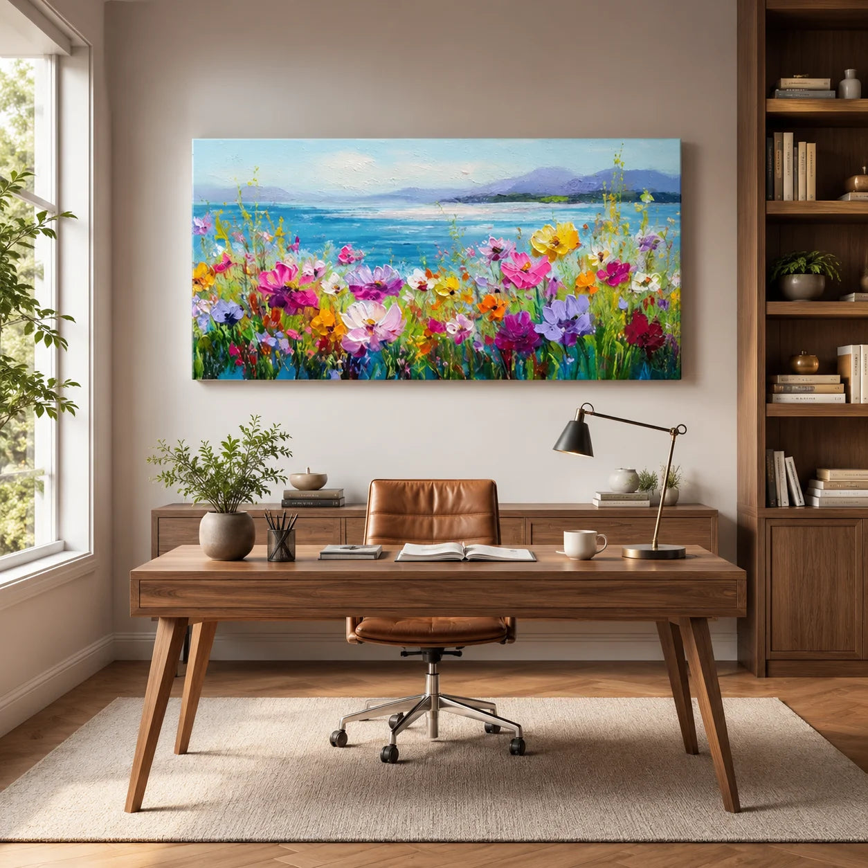 Colorful Wildflower Coastal Landscape Wall Art – Textured Palette Knife Oil Painting for Bedroom Decor