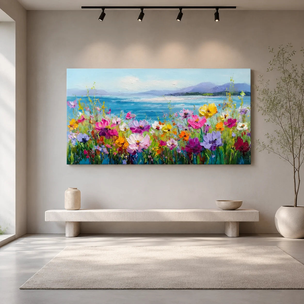 Colorful Wildflower Coastal Landscape Wall Art – Textured Palette Knife Oil Painting for Bedroom Decor