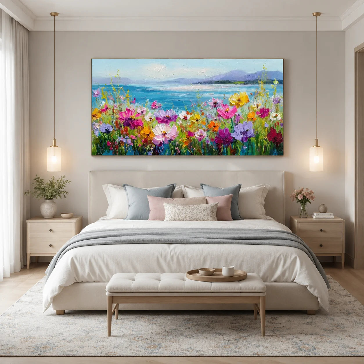 Colorful Wildflower Coastal Landscape Wall Art – Textured Palette Knife Oil Painting for Bedroom Decor