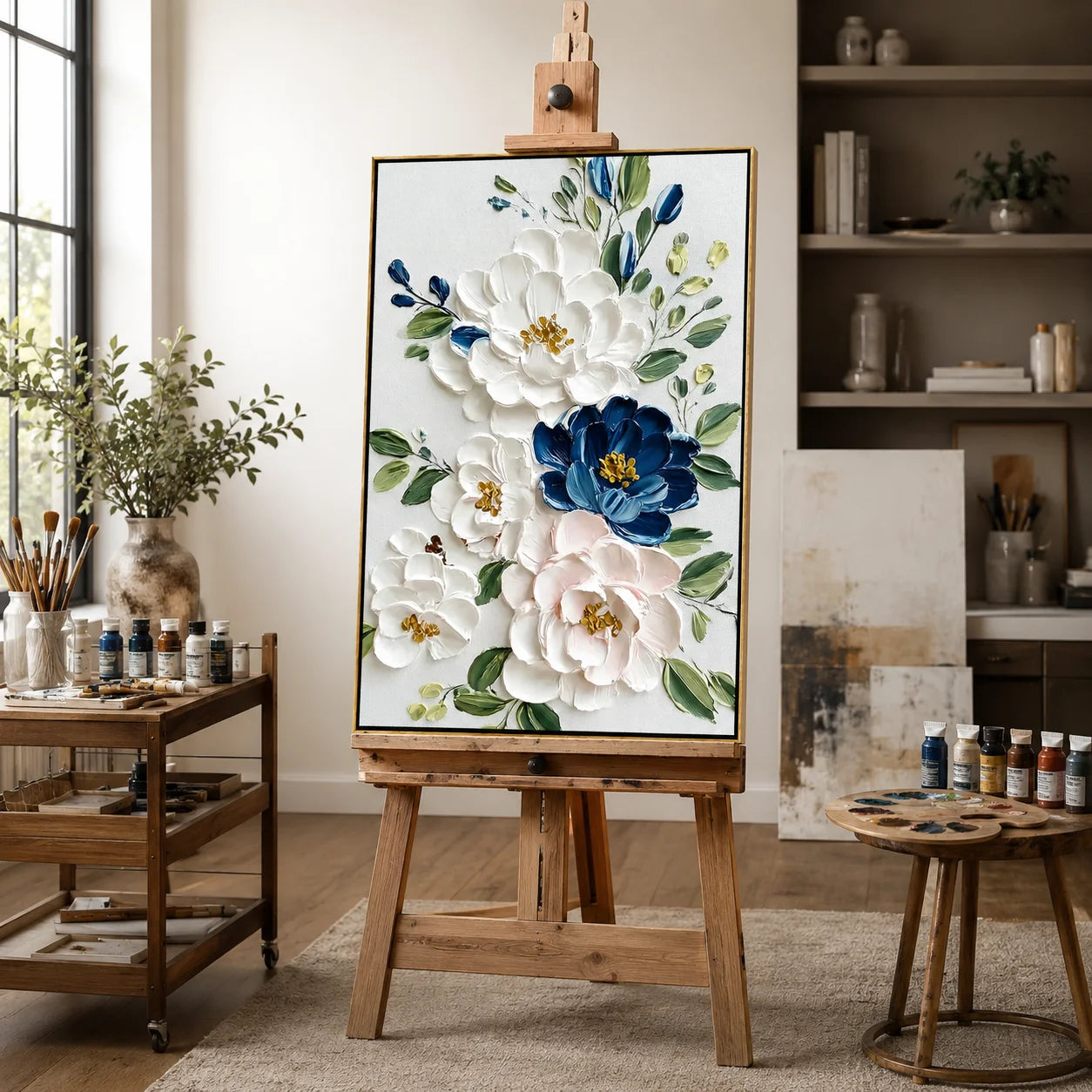 White and Blue Floral Oil Painting, Textured Flower Wall Art for Living Room Decor#OA 0526