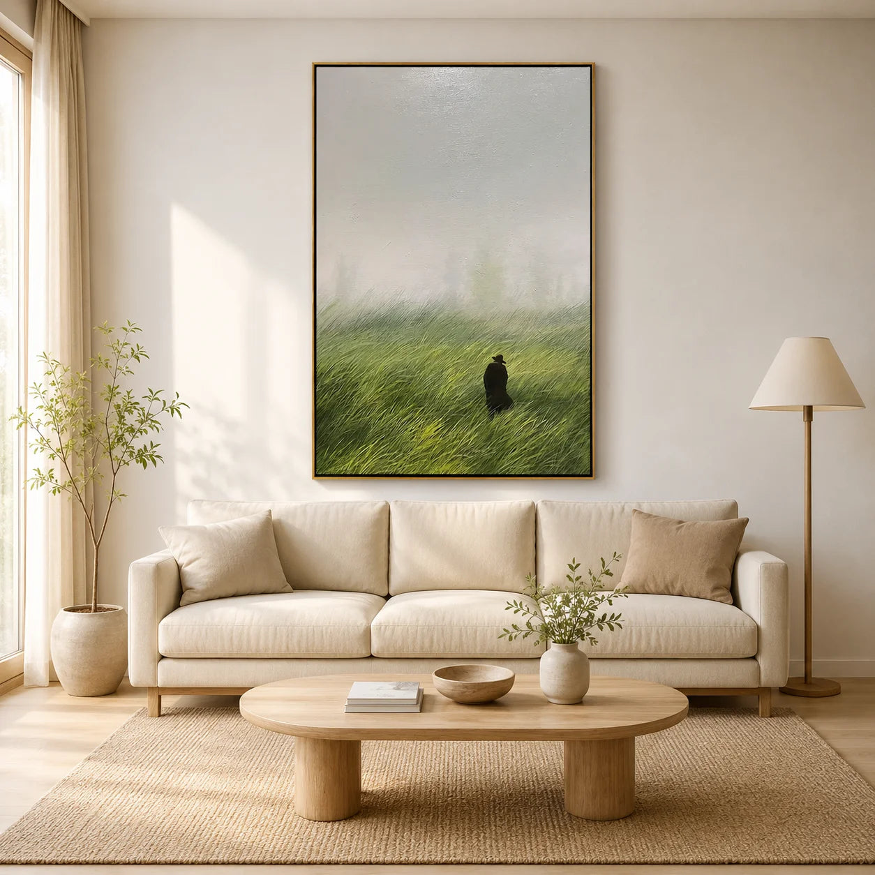 Misty Green Meadow Wall Art – Solitary Figure Landscape Canvas Painting for Living Room Decor #OA 0810