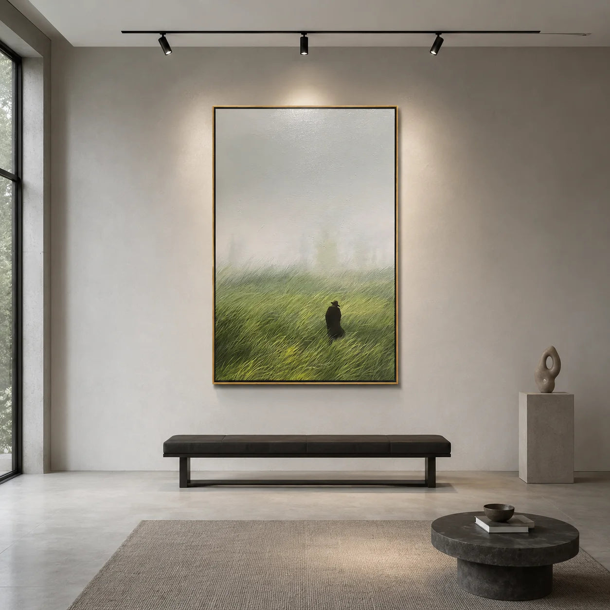 Misty Green Meadow Wall Art – Solitary Figure Landscape Canvas Painting for Living Room Decor #OA 0810