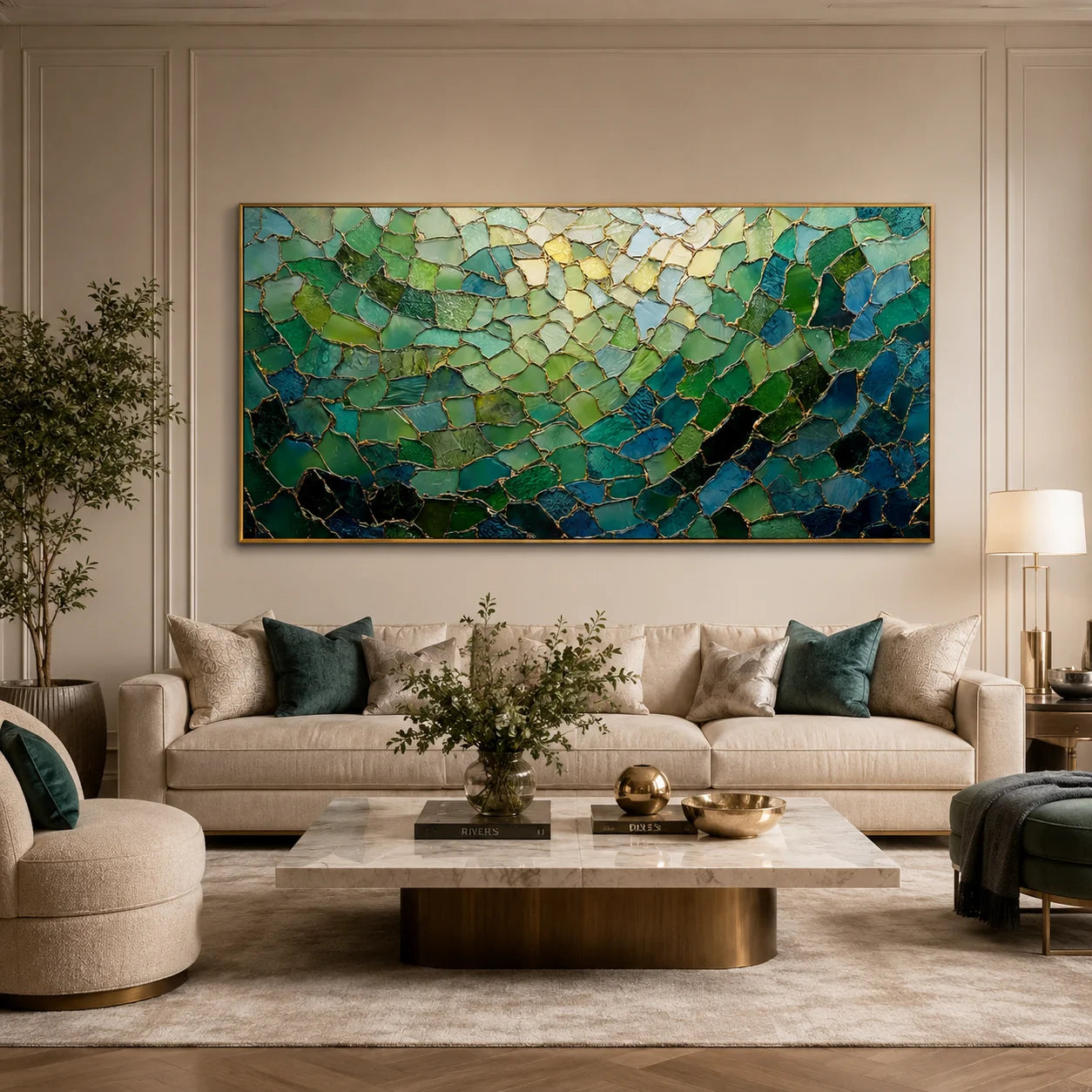 Green Abstract Mosaic Wall Art – Modern Emerald and Gold Textured Canvas Painting for Living Room Decor #OA 0818