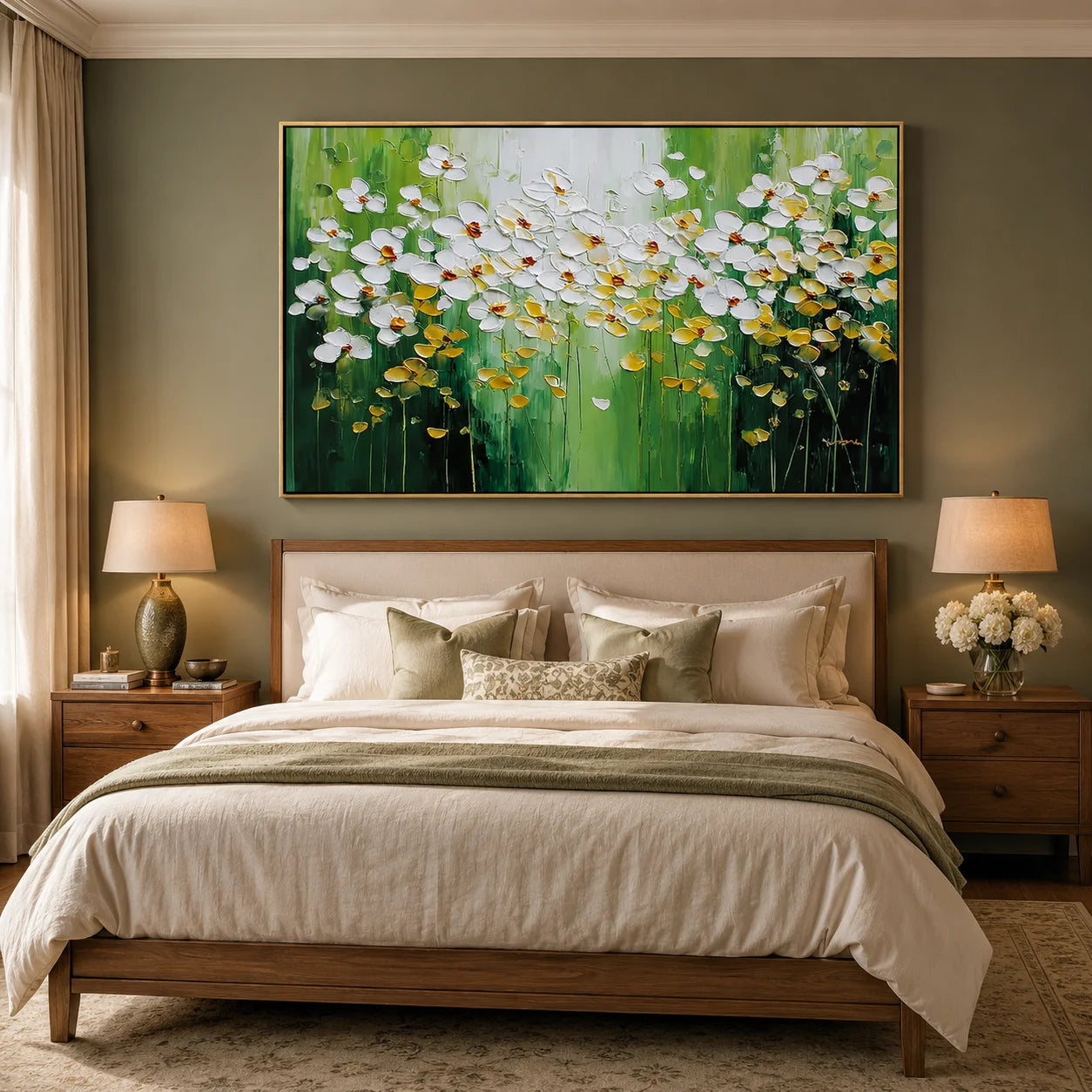 White Floral Oil Painting Canvas – Green Abstract Flower Wall Art for Living Room Modern Home Decor #OA 0476