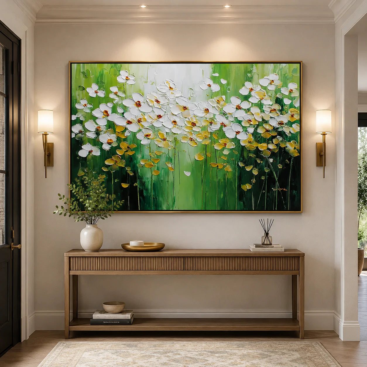 White Floral Oil Painting Canvas – Green Abstract Flower Wall Art for Living Room Modern Home Decor #OA 0476