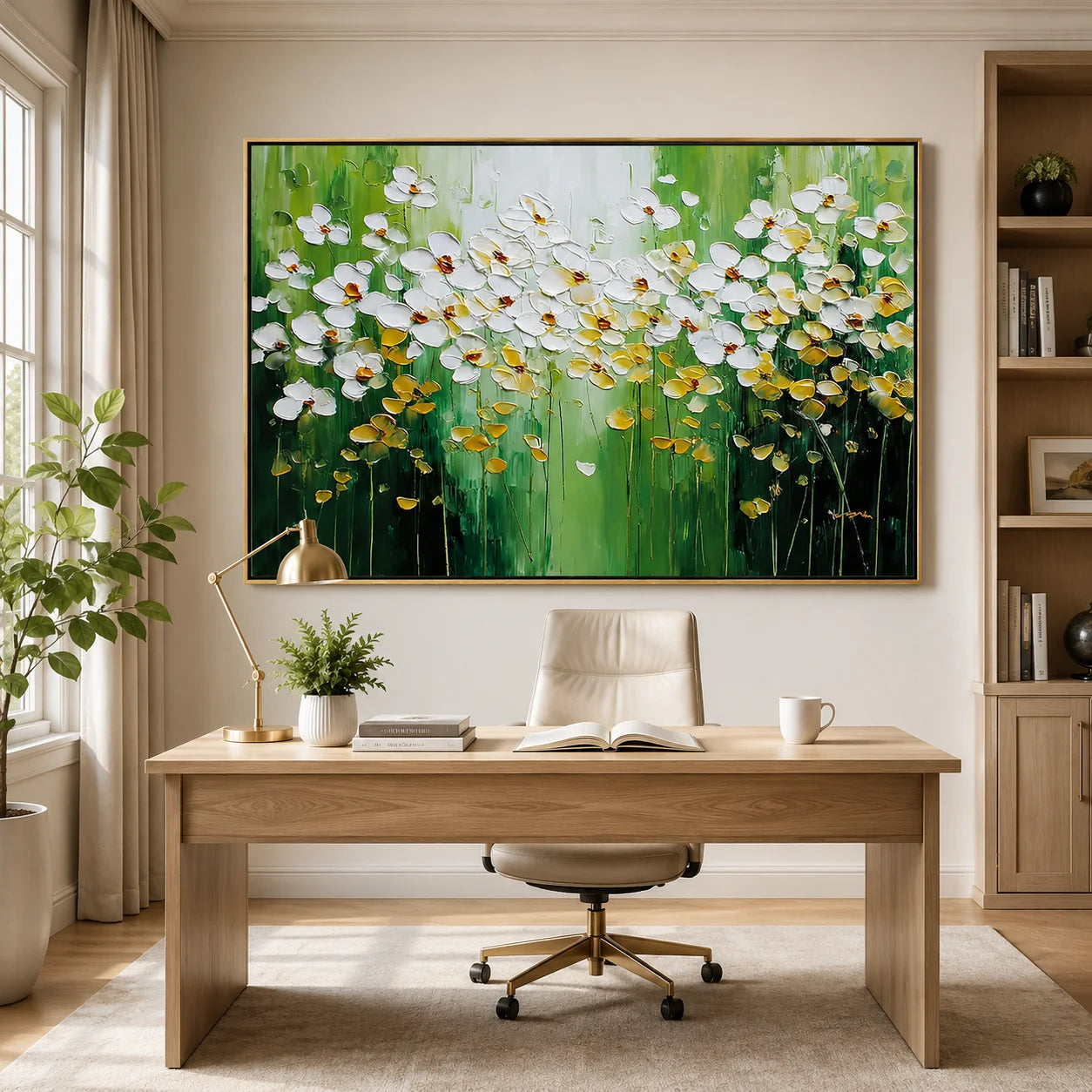 White Floral Oil Painting Canvas – Green Abstract Flower Wall Art for Living Room Modern Home Decor #OA 0476