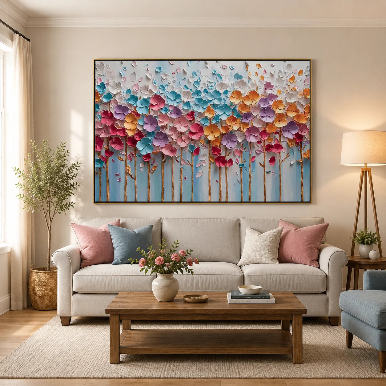 3D Textured Floral Wall Art – Colorful Modern Flower Canvas Painting for Living Room Bedroom Decor #OA 0455