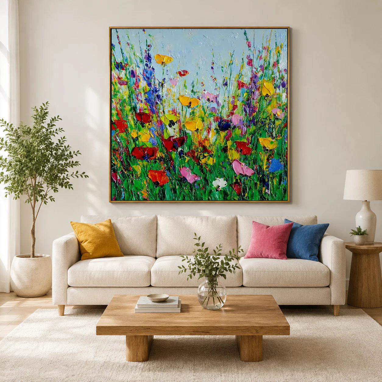 Colorful Wildflower Meadow Oil Painting Canvas – Modern Floral Landscape Wall Art for Living Room Home Decor#OA 0468