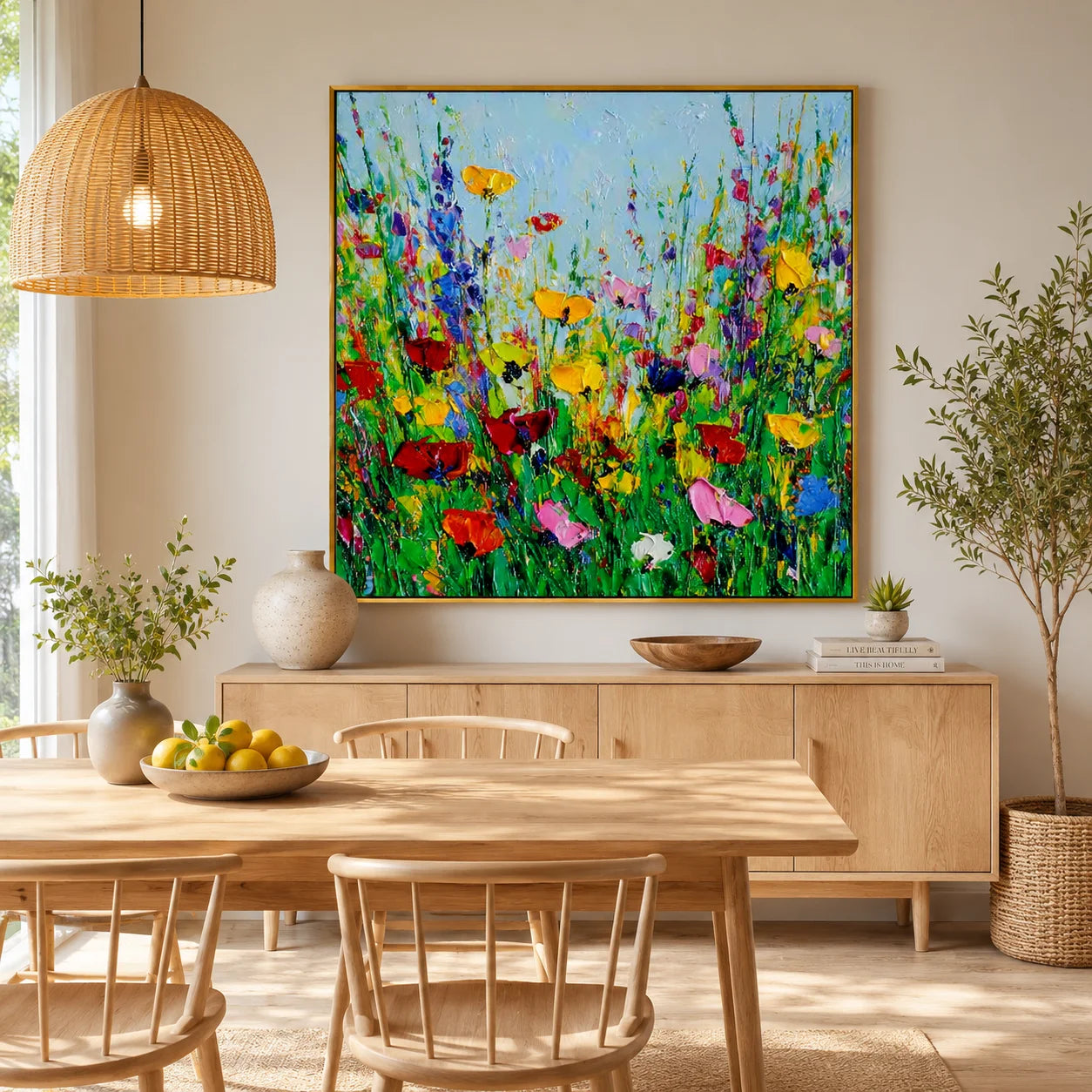 Colorful Wildflower Meadow Oil Painting Canvas – Modern Floral Landscape Wall Art for Living Room Home Decor#OA 0468