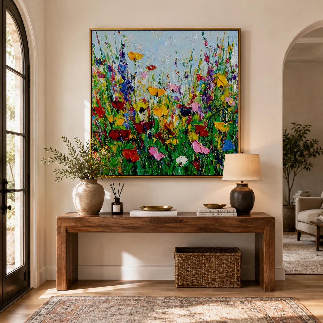 Colorful Wildflower Meadow Oil Painting Canvas – Modern Floral Landscape Wall Art for Living Room Home Decor#OA 0468