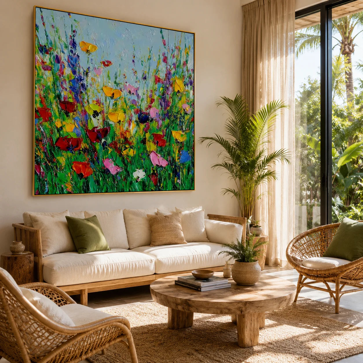 Colorful Wildflower Meadow Oil Painting Canvas – Modern Floral Landscape Wall Art for Living Room Home Decor#OA 0468