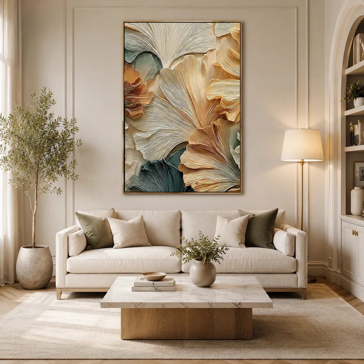 Textured Botanical Oil Painting, Abstract Golden Leaf Wall Art for Living Room Decor#OA 0544
