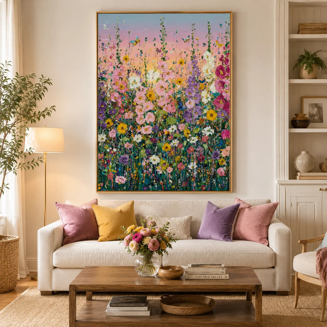 Colorful Wildflower Oil Painting, Butterfly Meadow Wall Art for Living Room Decor#OA 0582