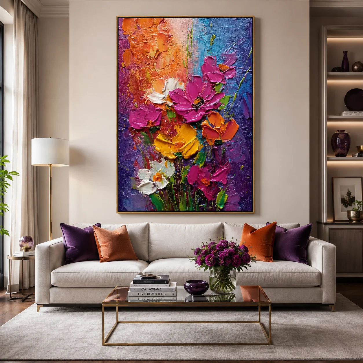 Colorful Textured Flower Oil Painting, Vibrant Floral Wall Art for Living Room Decor #OA 0591