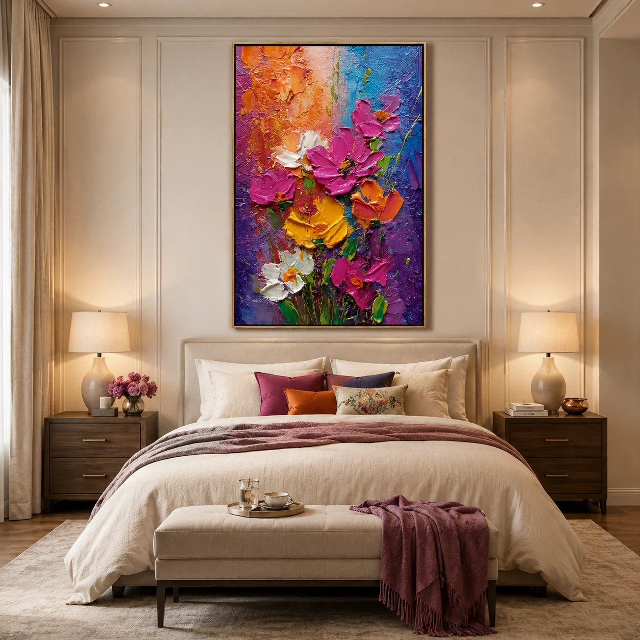 Colorful Textured Flower Oil Painting, Vibrant Floral Wall Art for Living Room Decor #OA 0591