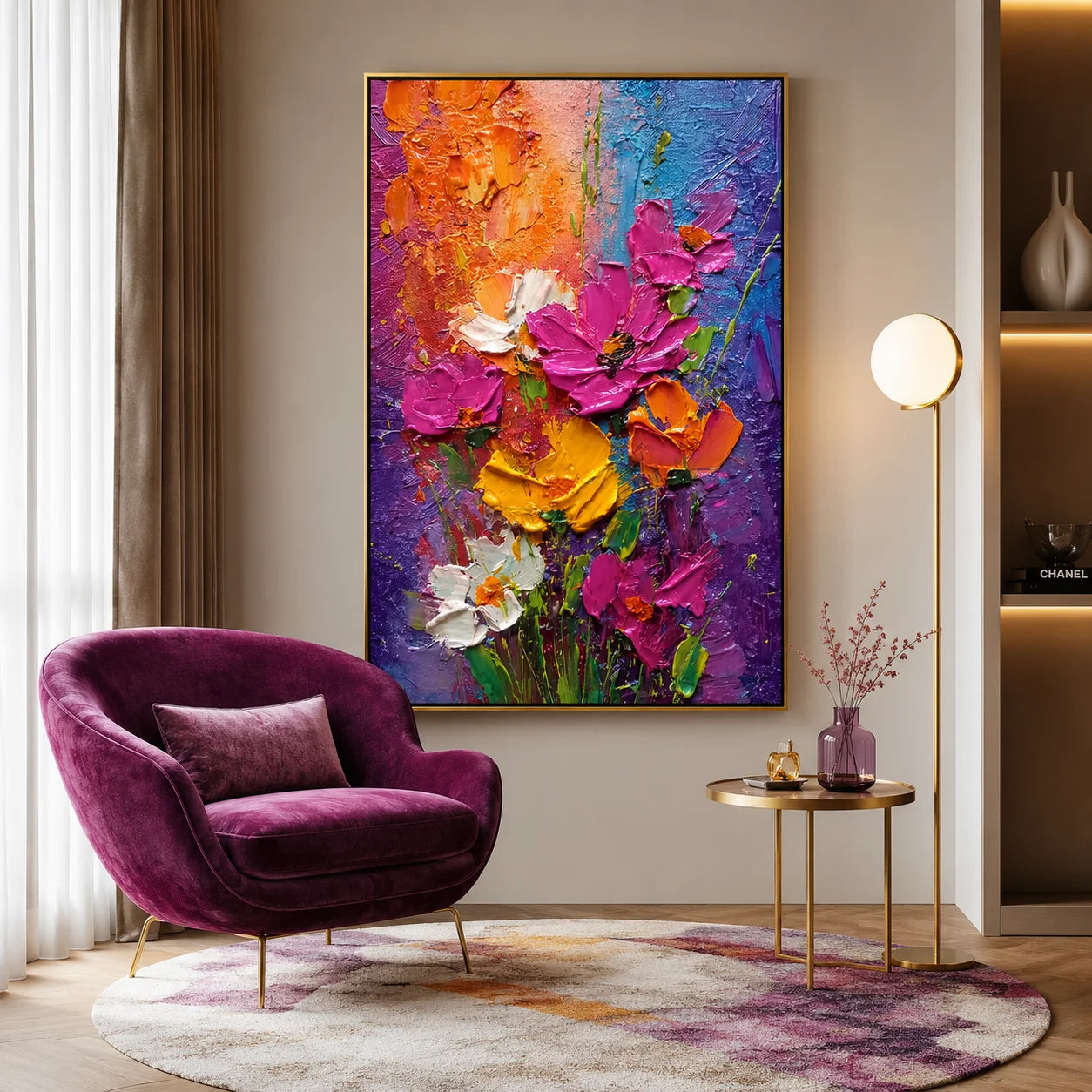 Colorful Textured Flower Oil Painting, Vibrant Floral Wall Art for Living Room Decor #OA 0591