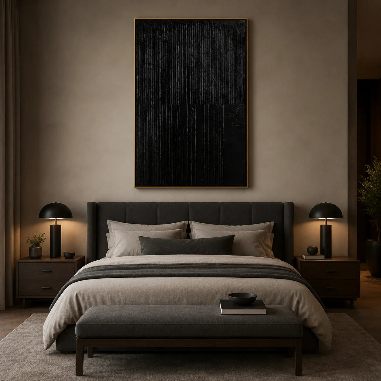 Black Textured Abstract Wall Art, Minimal Vertical Line Canvas Painting for Modern Living Room Décor #OA 0010