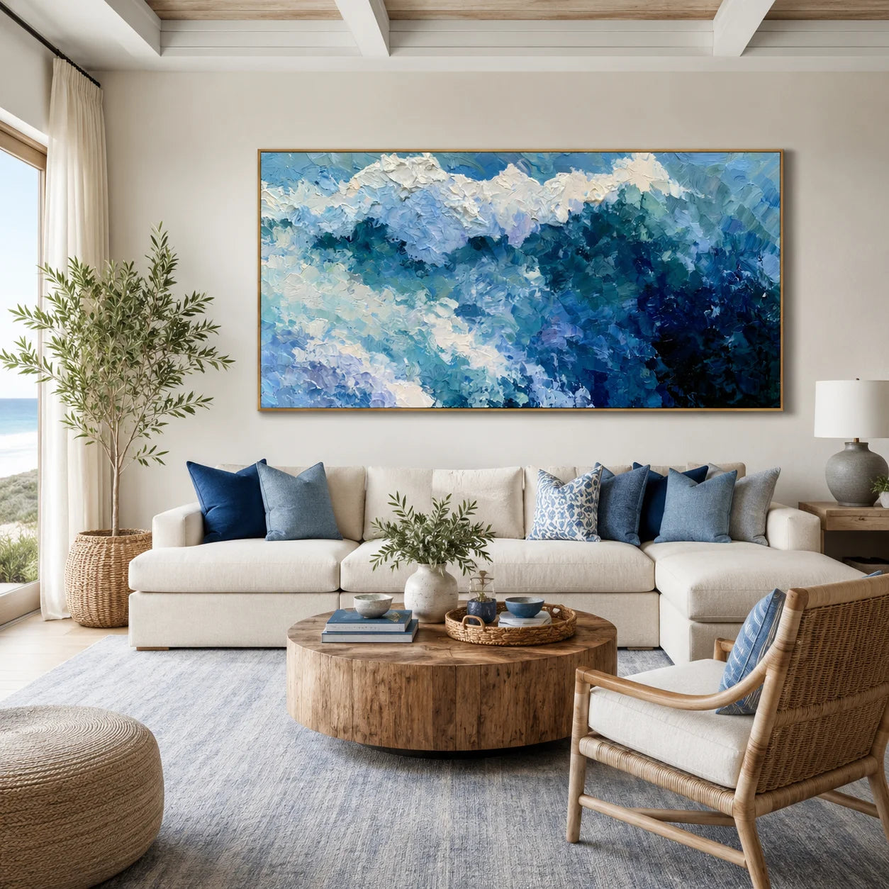 100% Hand-Painted Modern Abstract Ocean Wave Oil Painting | Textured Impasto Coastal Seascape Wall Art | Aerial Turquoise Ocean Surf Canvas | Contemporary Coastal Panoramic Artwork for Living Room by Ownanart # OA 1187