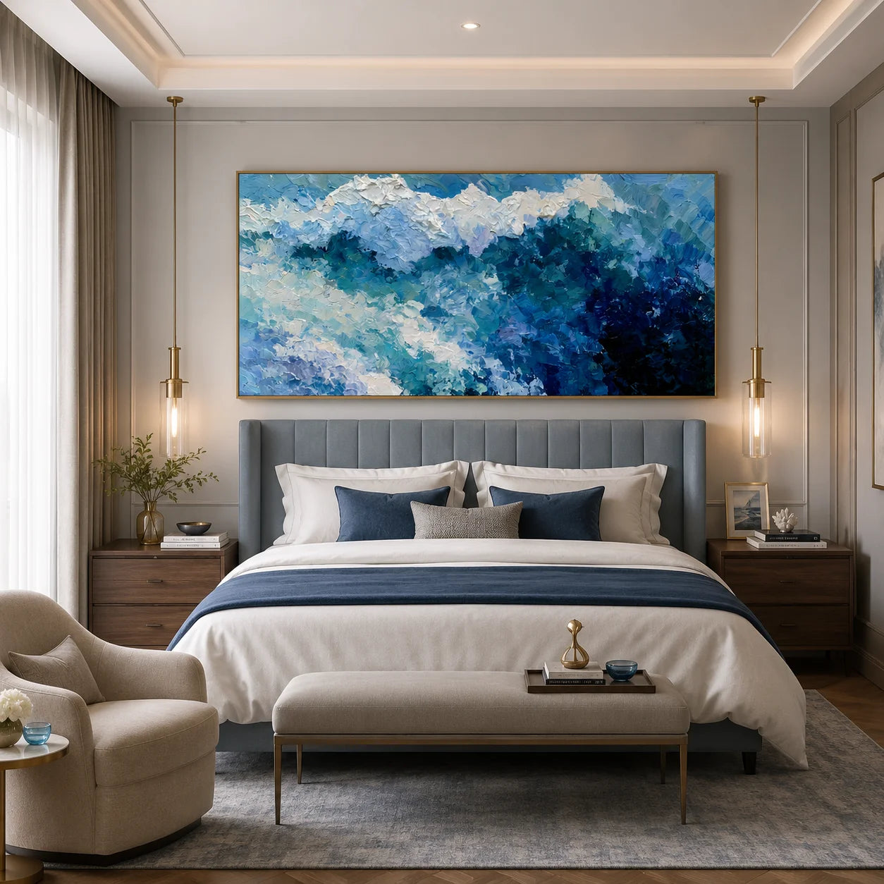 100% Hand-Painted Modern Abstract Ocean Wave Oil Painting | Textured Impasto Coastal Seascape Wall Art | Aerial Turquoise Ocean Surf Canvas | Contemporary Coastal Panoramic Artwork for Living Room by Ownanart # OA 1187