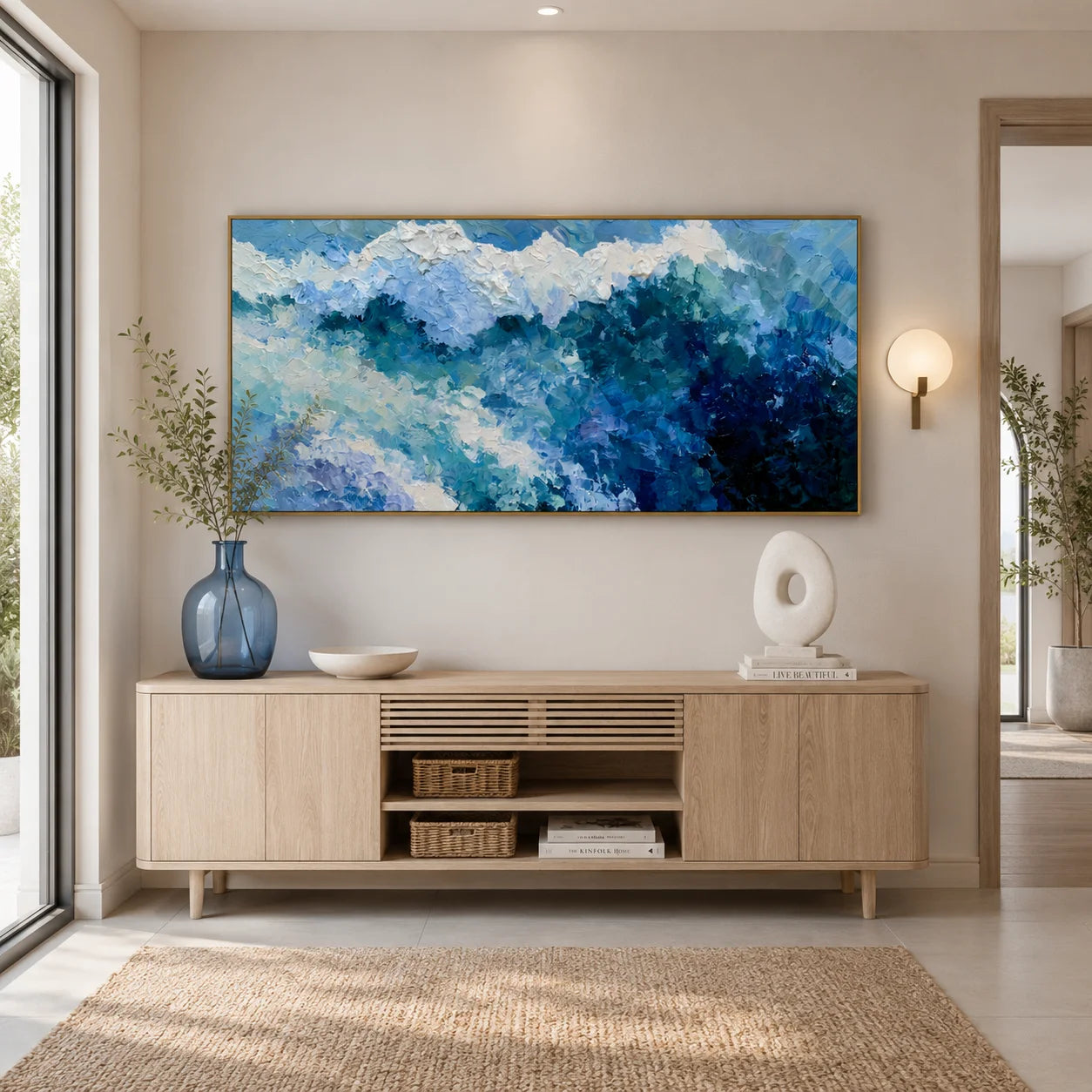 100% Hand-Painted Modern Abstract Ocean Wave Oil Painting | Textured Impasto Coastal Seascape Wall Art | Aerial Turquoise Ocean Surf Canvas | Contemporary Coastal Panoramic Artwork for Living Room by Ownanart # OA 1187