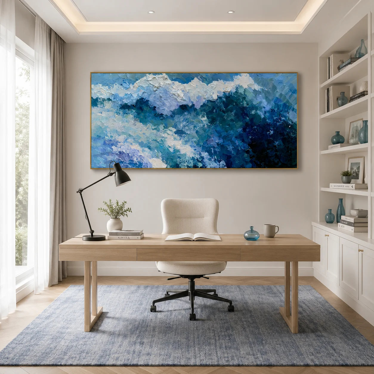 100% Hand-Painted Modern Abstract Ocean Wave Oil Painting | Textured Impasto Coastal Seascape Wall Art | Aerial Turquoise Ocean Surf Canvas | Contemporary Coastal Panoramic Artwork for Living Room by Ownanart # OA 1187