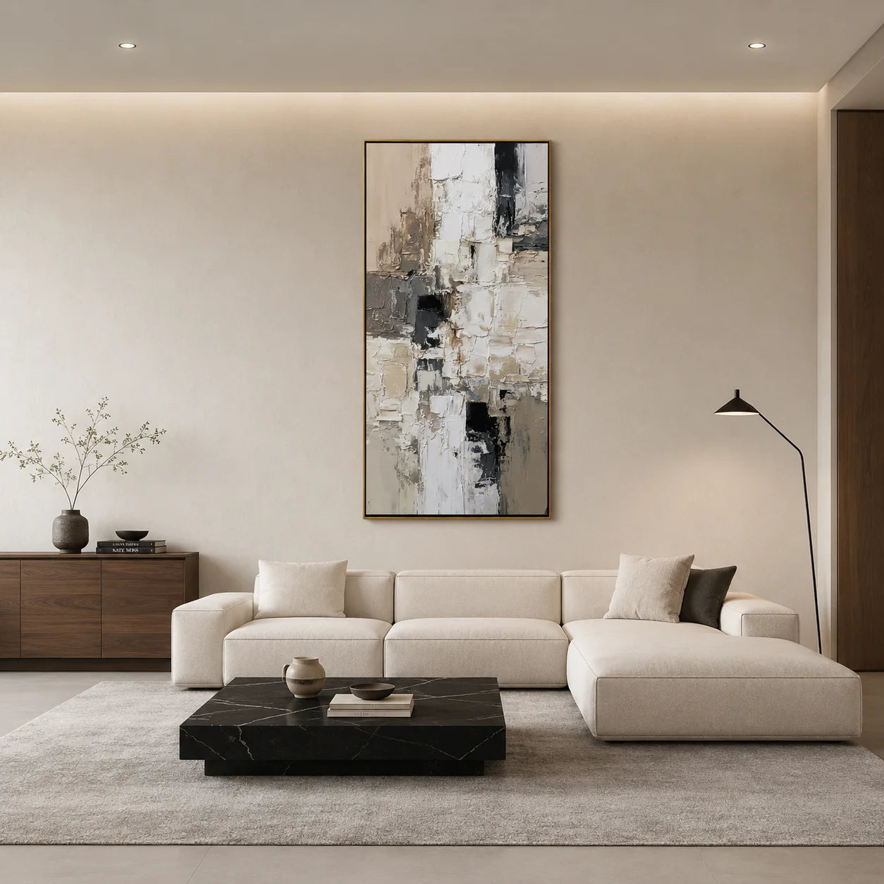 Vertical Neutral Abstract Canvas Wall Art – Textured Black White Beige Painting for Modern Home Decor#OA 0875