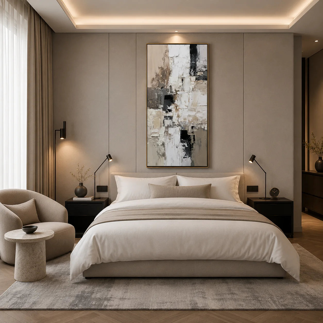 Vertical Neutral Abstract Canvas Wall Art – Textured Black White Beige Painting for Modern Home Decor#OA 0875