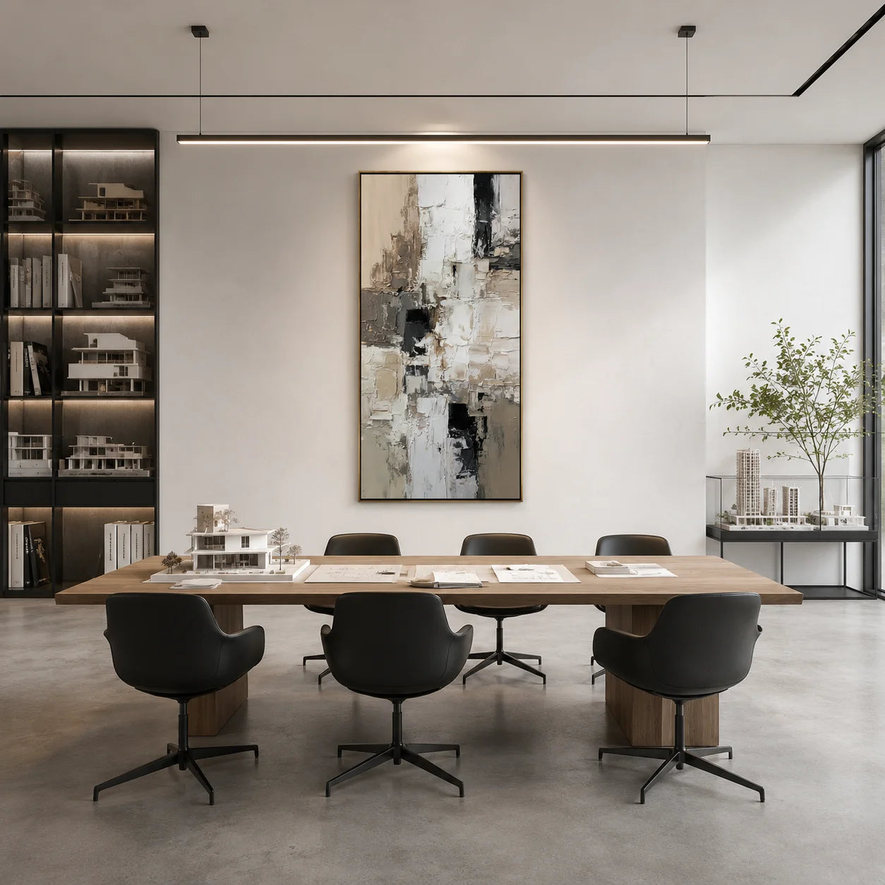 Vertical Neutral Abstract Canvas Wall Art – Textured Black White Beige Painting for Modern Home Decor#OA 0875
