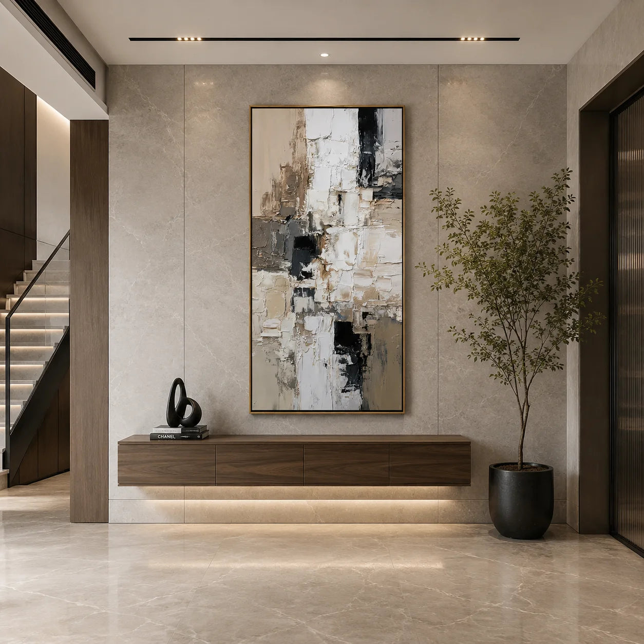 Vertical Neutral Abstract Canvas Wall Art – Textured Black White Beige Painting for Modern Home Decor#OA 0875