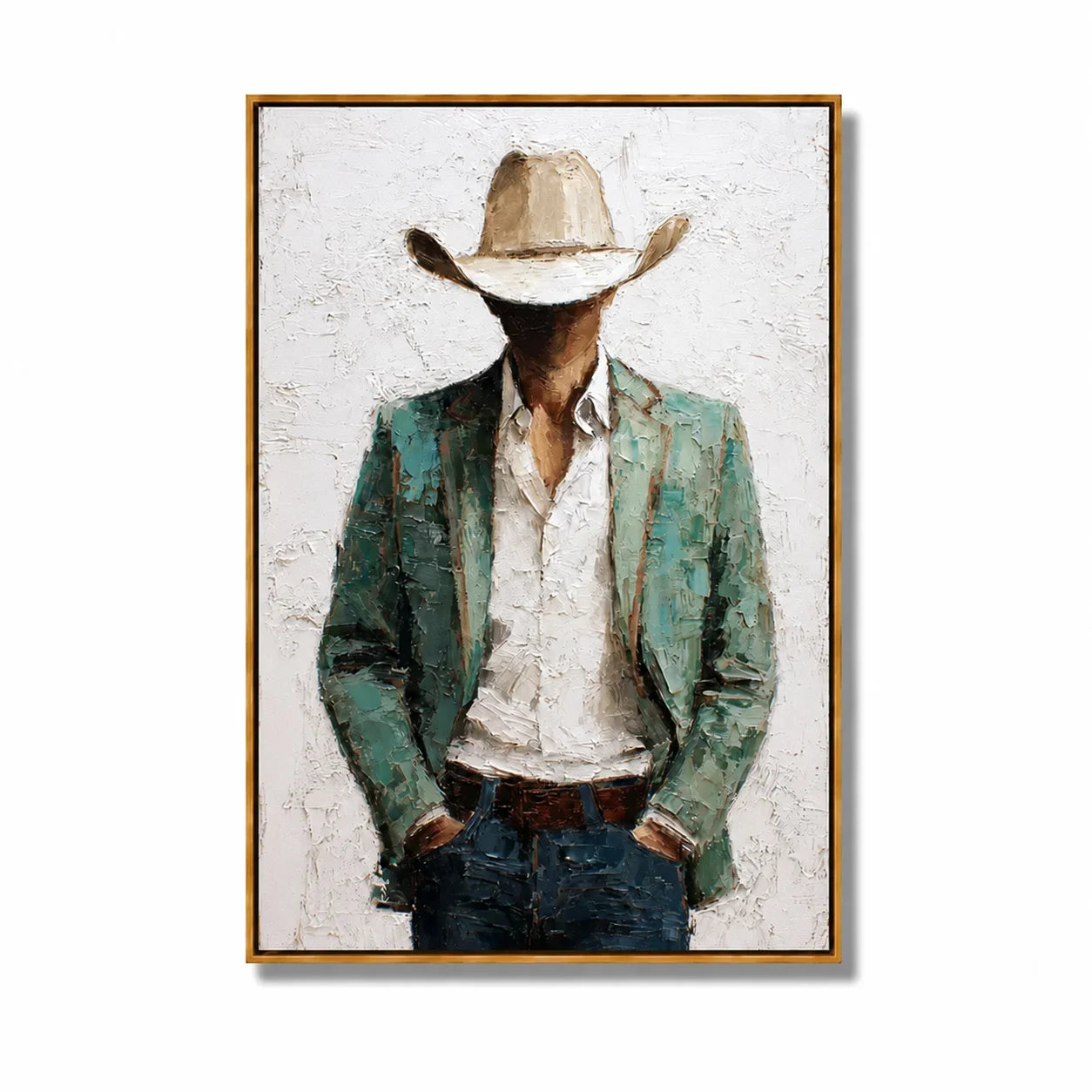 Western Cowboy Portrait Hand-Painted Oil Painting, Textured Cowboy Wall Art for Living Room Decor