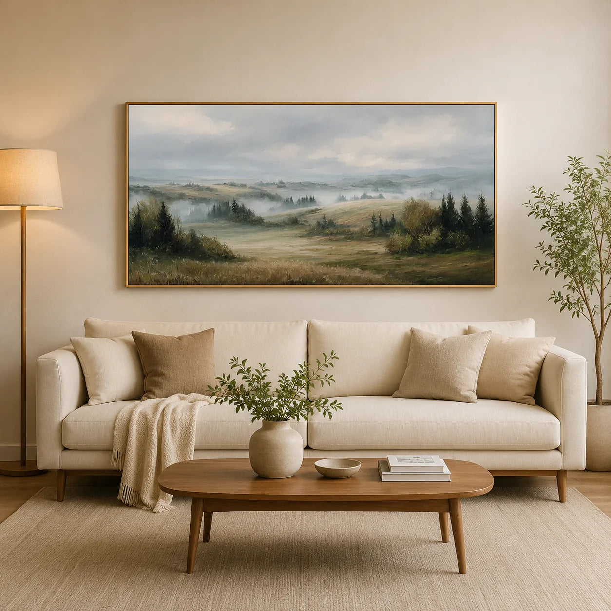 Misty Countryside Landscape Painting – Panoramic Neutral Nature Wall Art#OA 0899
