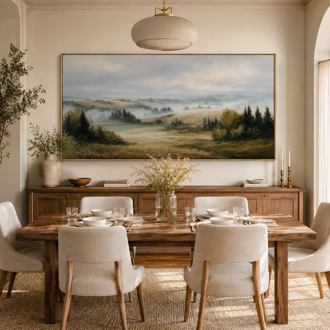 Misty Countryside Landscape Painting – Panoramic Neutral Nature Wall Art#OA 0899
