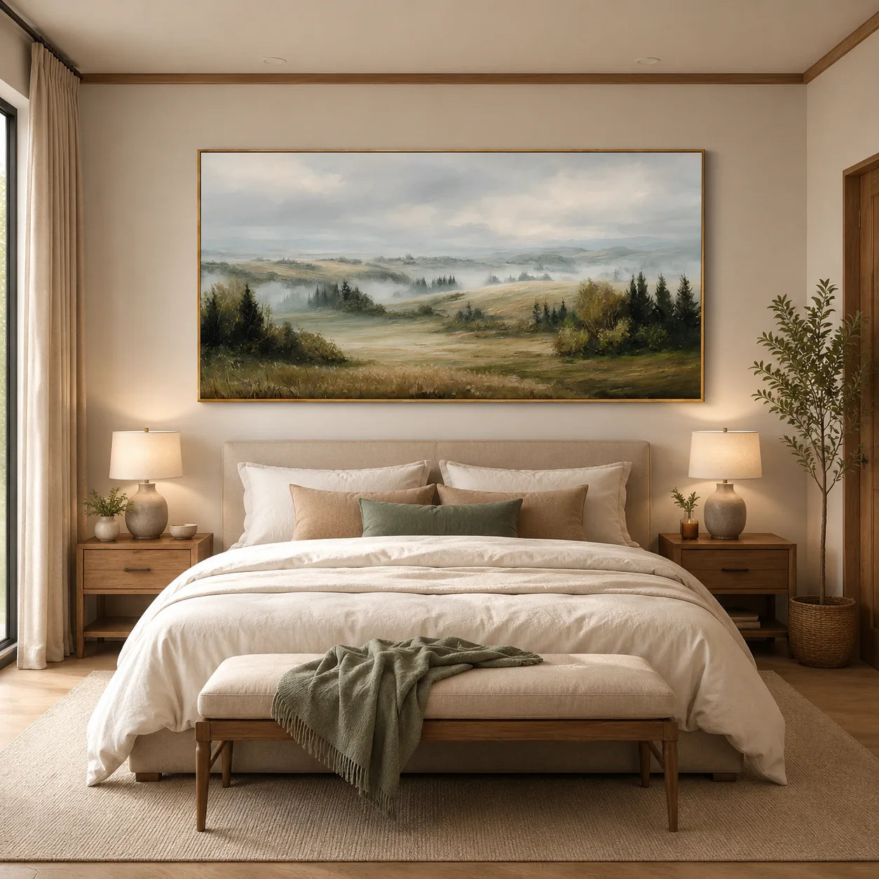 Misty Countryside Landscape Painting – Panoramic Neutral Nature Wall Art#OA 0899