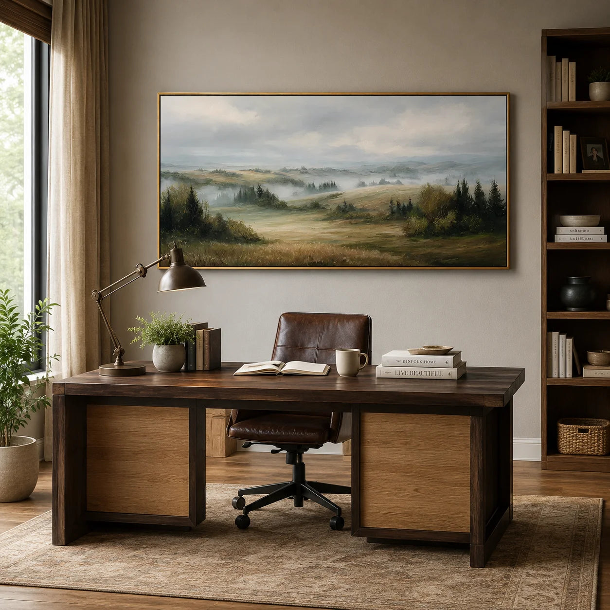 Misty Countryside Landscape Painting – Panoramic Neutral Nature Wall Art#OA 0899