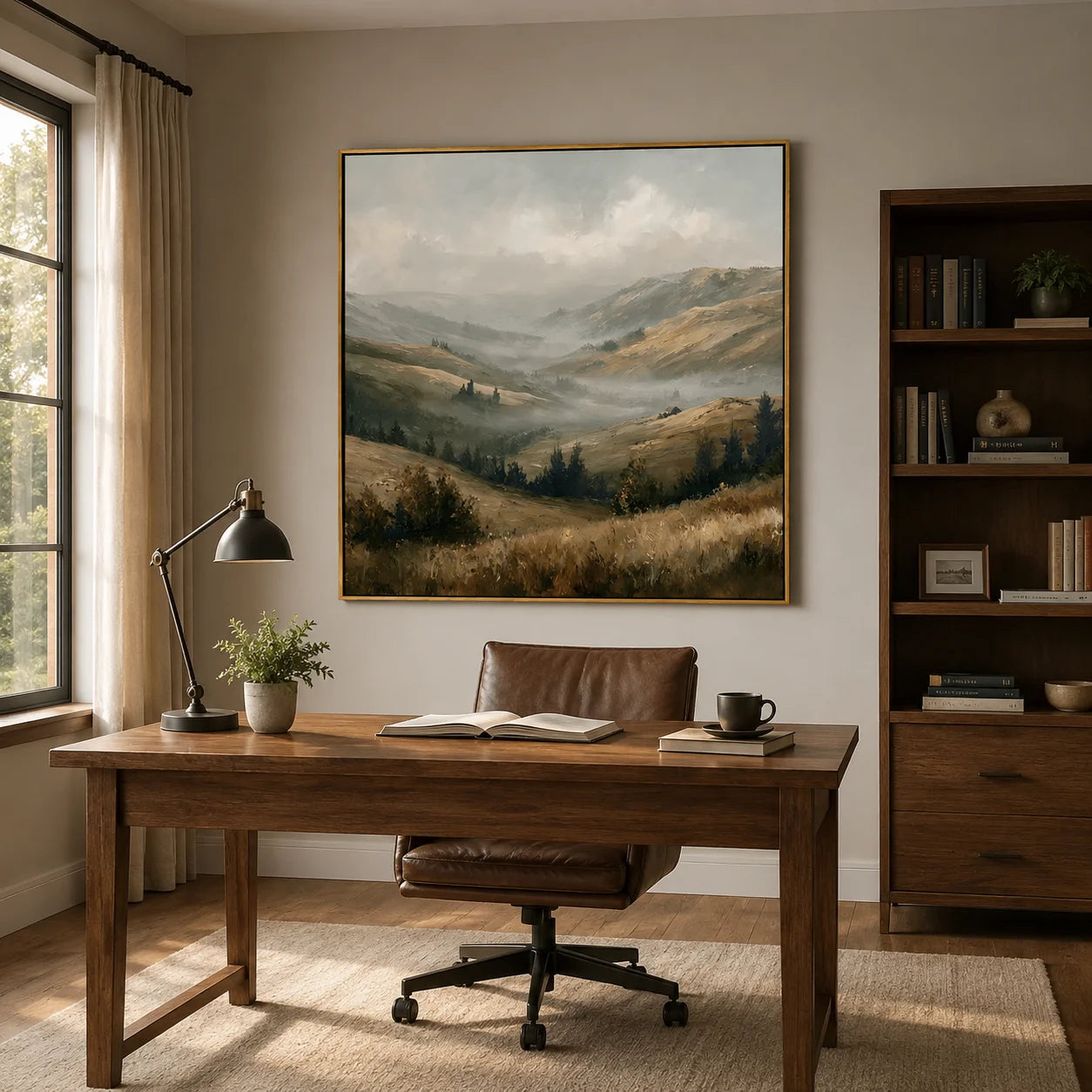 Misty Mountain Valley Landscape Painting – Neutral Rustic Wall Art#OA 0898