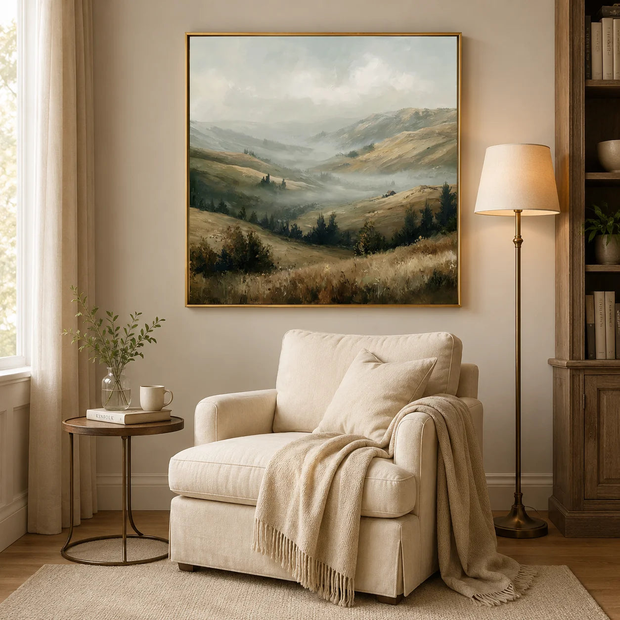 Misty Mountain Valley Landscape Painting – Neutral Rustic Wall Art#OA 0898
