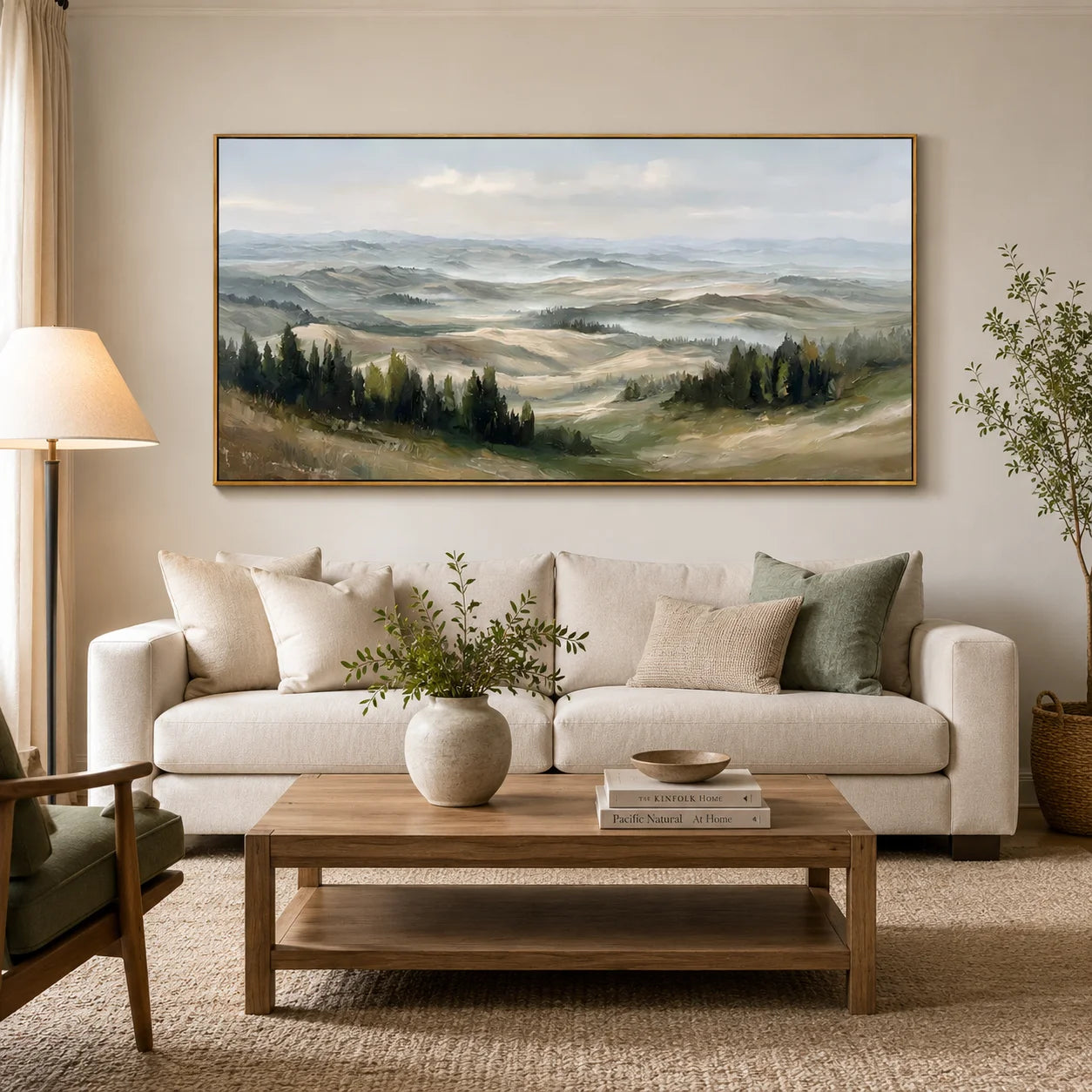 Misty Rolling Hills Landscape Painting – Panoramic Neutral Nature Wall Art#OA 0895