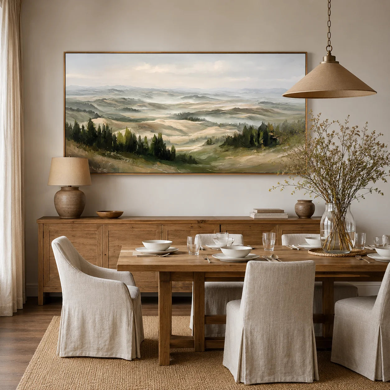 Misty Rolling Hills Landscape Painting – Panoramic Neutral Nature Wall Art#OA 0895