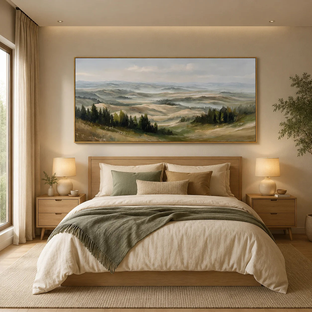 Misty Rolling Hills Landscape Painting – Panoramic Neutral Nature Wall Art#OA 0895