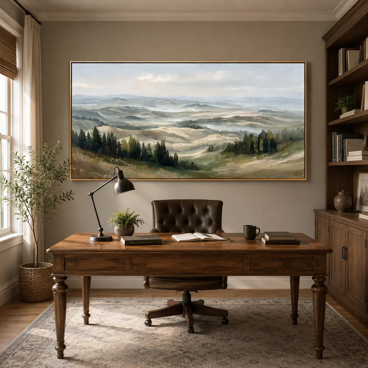 Misty Rolling Hills Landscape Painting – Panoramic Neutral Nature Wall Art#OA 0895