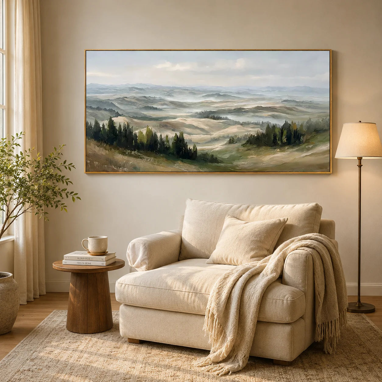 Misty Rolling Hills Landscape Painting – Panoramic Neutral Nature Wall Art#OA 0895