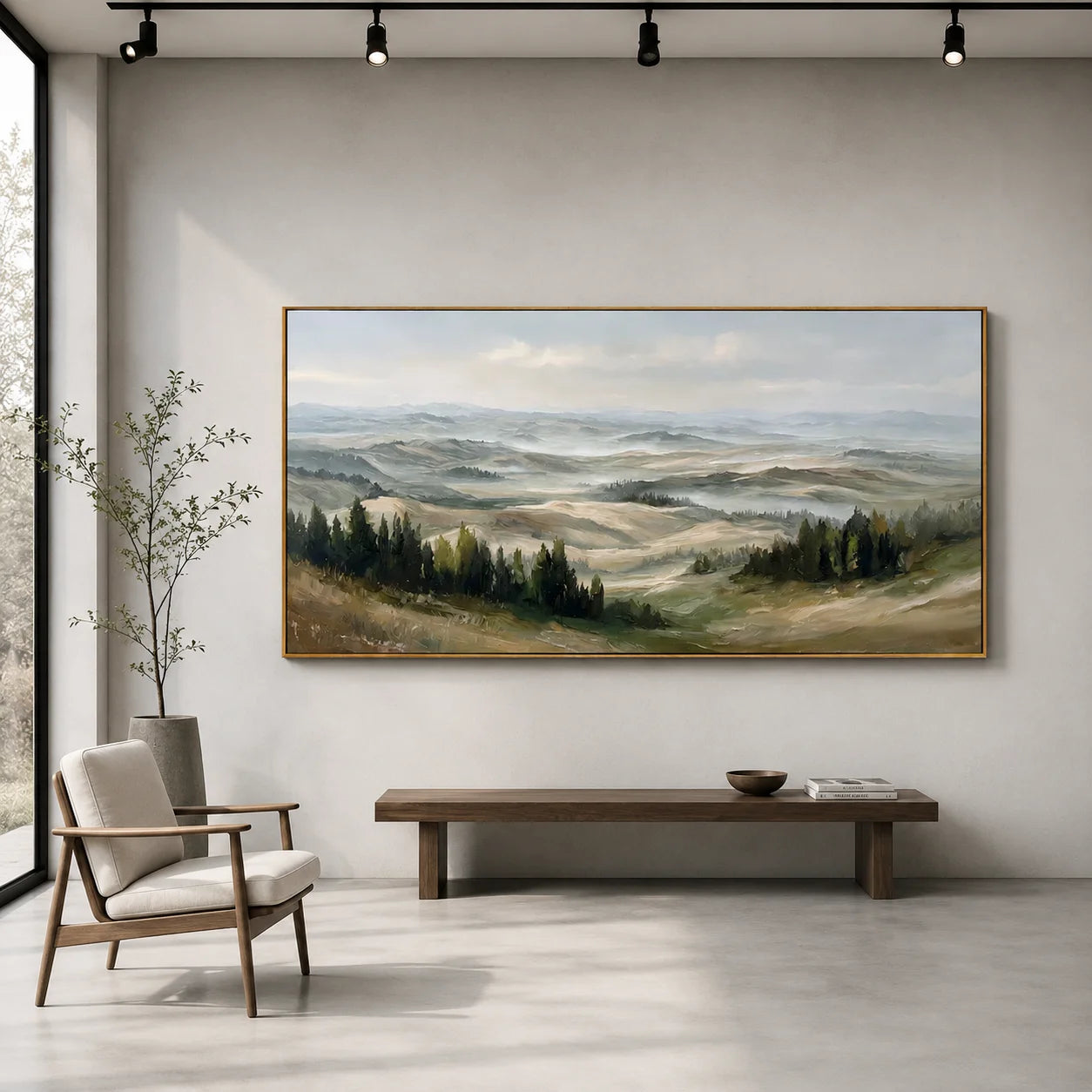 Misty Rolling Hills Landscape Painting – Panoramic Neutral Nature Wall Art#OA 0895
