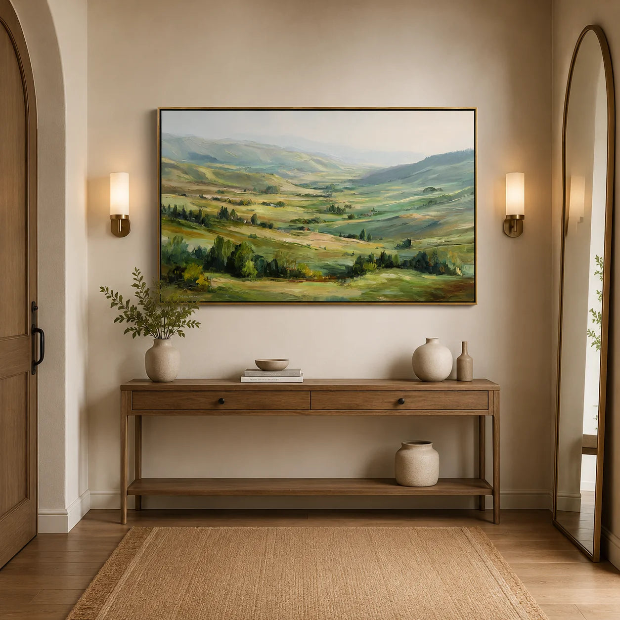 Large Rolling Hills Landscape Oil Painting – Scenic Green Valley Canvas Wall Art#OA 0893