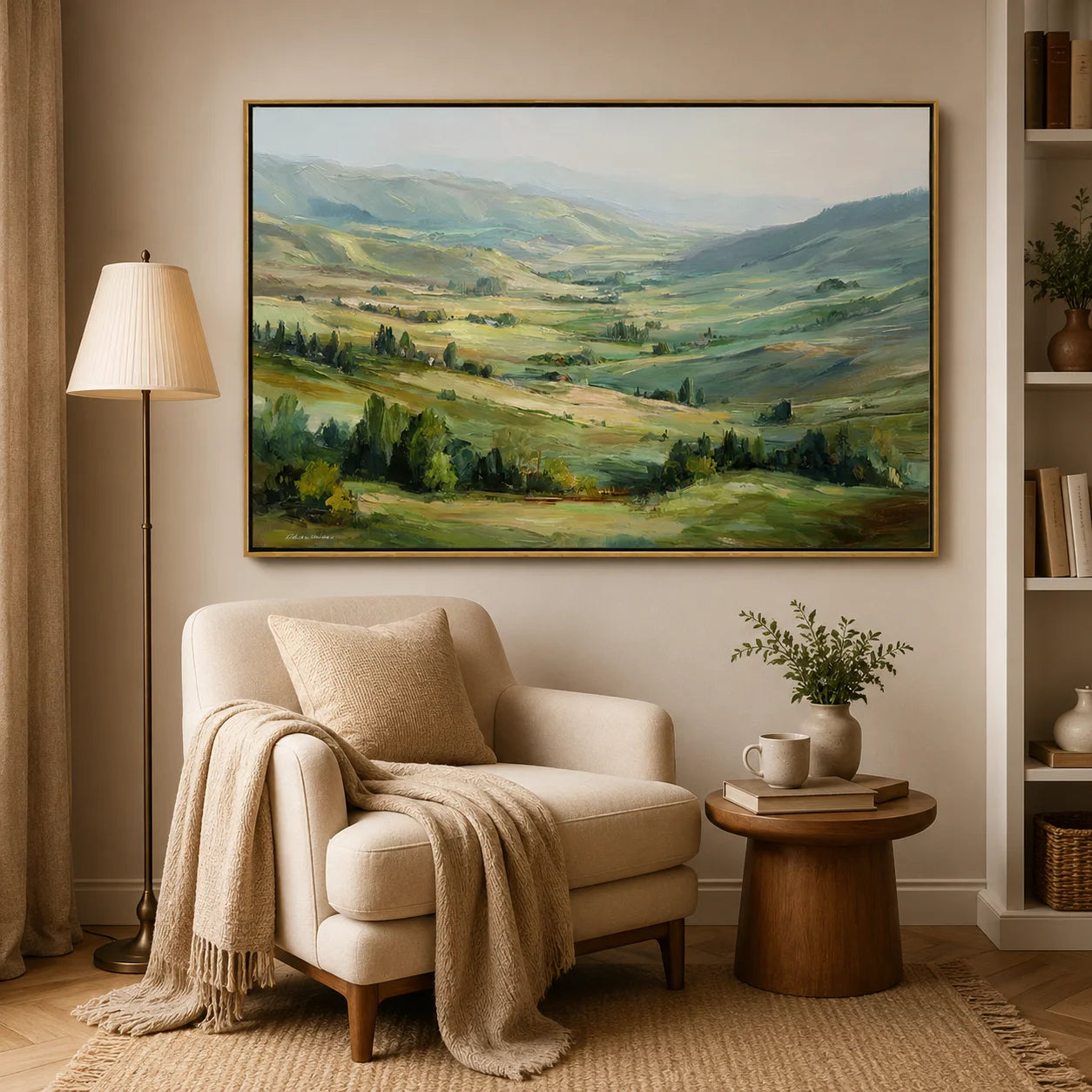 Large Rolling Hills Landscape Oil Painting – Scenic Green Valley Canvas Wall Art#OA 0893