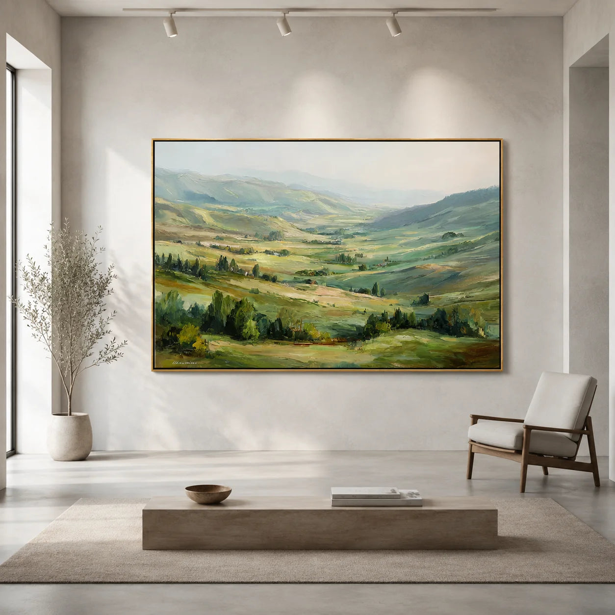 Large Rolling Hills Landscape Oil Painting – Scenic Green Valley Canvas Wall Art#OA 0893