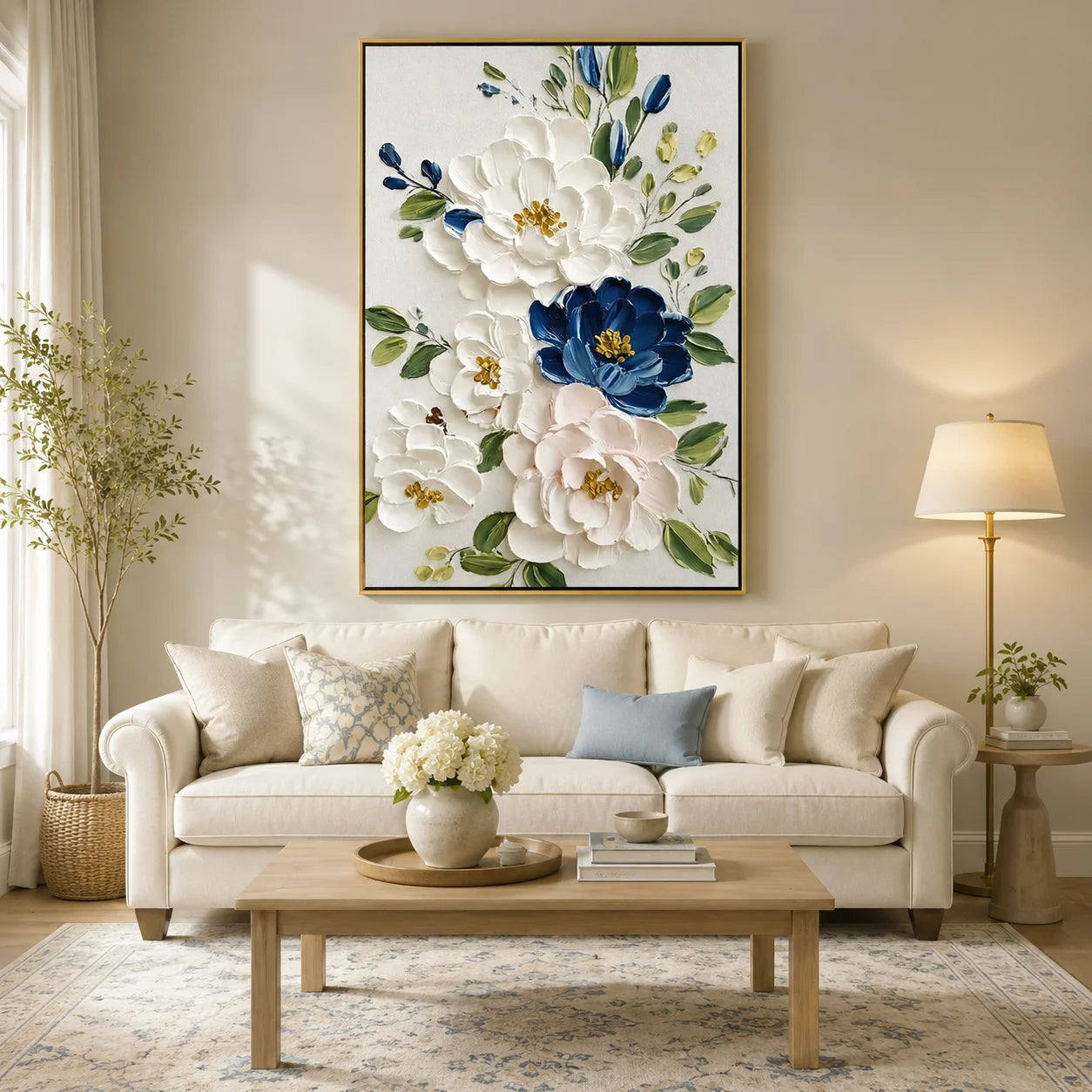 White and Blue Floral Oil Painting, Textured Flower Wall Art for Living Room Decor#OA 0526