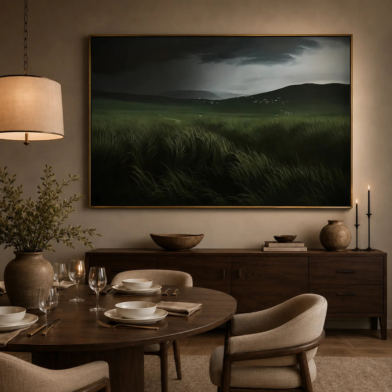 Hand-Painted Moody Landscape Oil Painting | Dark Green Meadow Wall Art for Modern Living Room Decor OA#0909